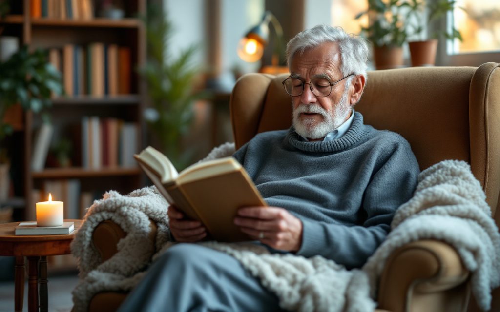 un-senior-assis-dans-un-fauteuil-confortable-lisant-un-livre-entoure-dune-atmosphere-chaleureuse-avec-des-eclairages-doux-et-des-etageres-en-arriere-plan