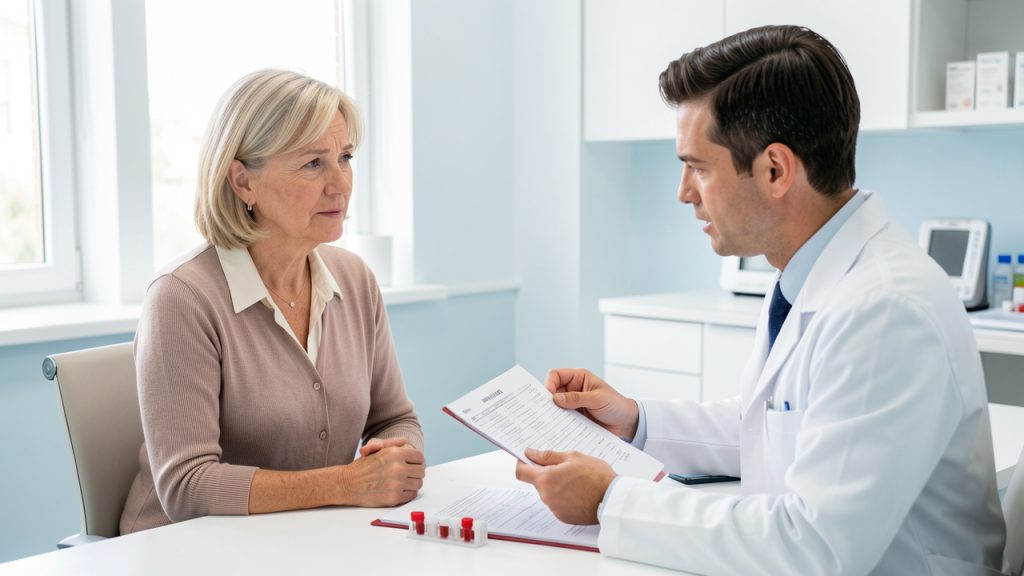 Une femme adulte échange avec un médecin dans une salle de consultation lumineuse au sujet d’une fatigue persistante et d’un bilan sanguin.