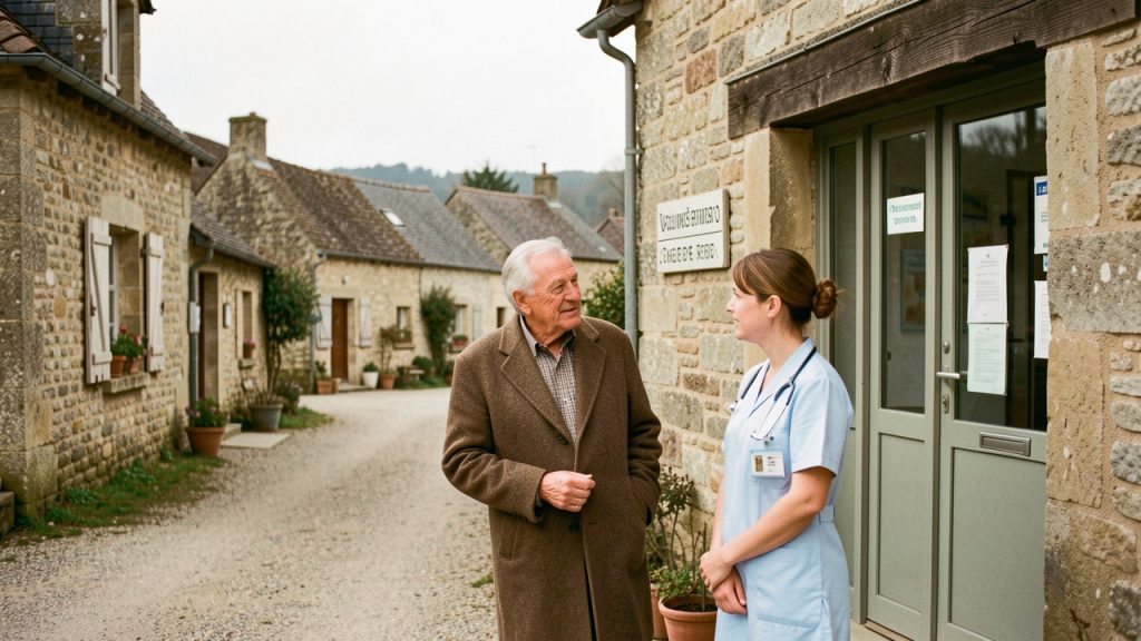 Village rural français avec une petite maison de santé, un patient âgé et une infirmière dans une ambiance sobre et rassurante.