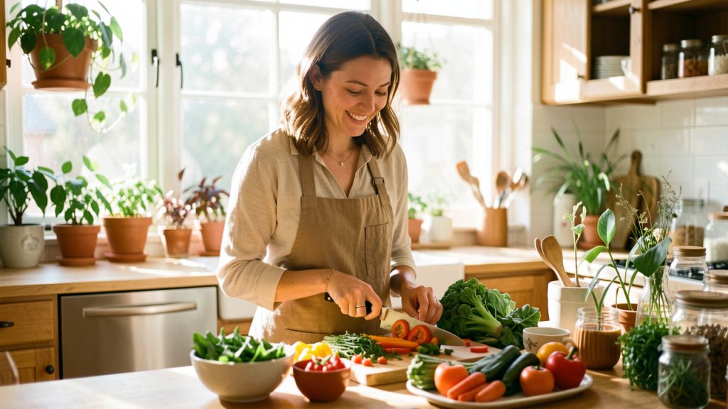 Femme souriante préparant un repas sain dans une cuisine lumineuse près d’une fenêtre.