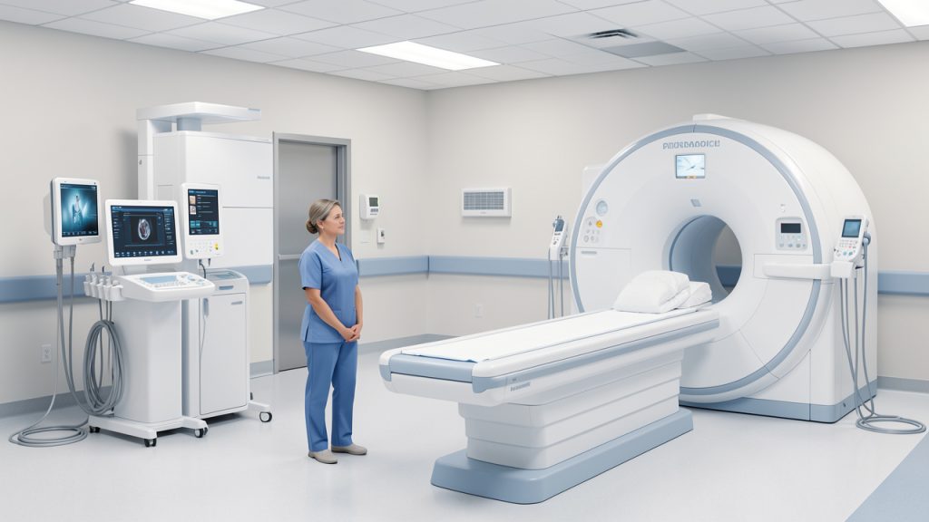 Illustration médicale réaliste d’une patiente dans un service d’imagerie, avec une unité de radiographie, un scanner et une IRM présentés de manière sobre et pédagogique.