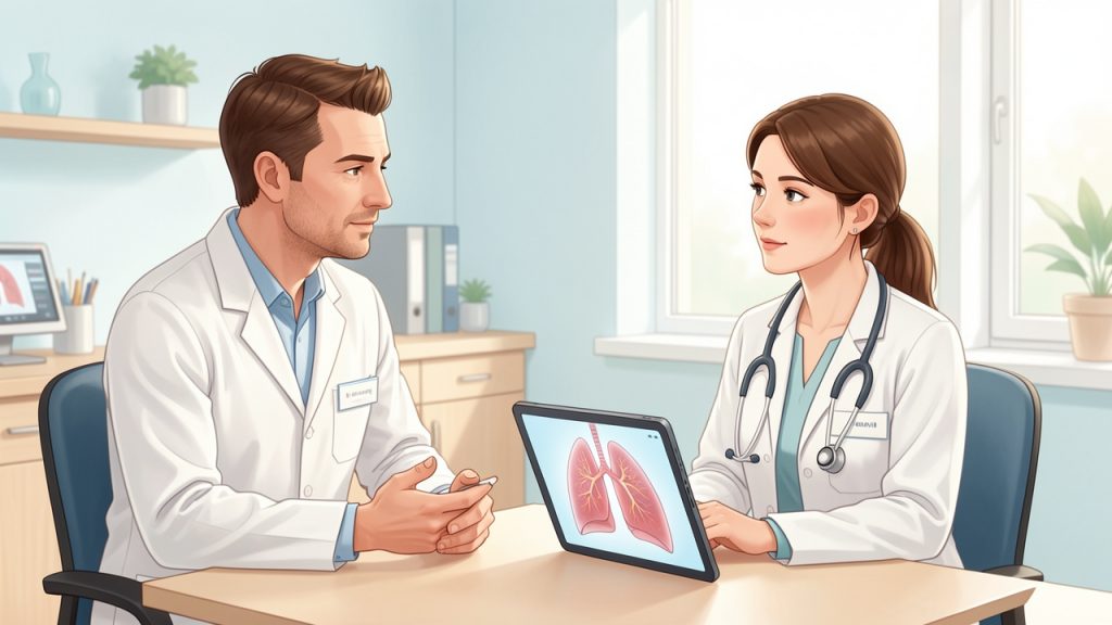 Un homme adulte échange calmement avec une médecin en oncologie dans un cabinet lumineux au sujet de sa santé pulmonaire et de l’arrêt du tabac.