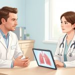Un homme adulte échange calmement avec une médecin en oncologie dans un cabinet lumineux au sujet de sa santé pulmonaire et de l’arrêt du tabac.