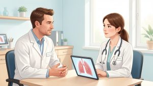 Un homme adulte échange calmement avec une médecin en oncologie dans un cabinet lumineux au sujet de sa santé pulmonaire et de l’arrêt du tabac.