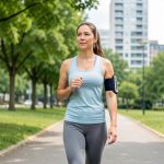 Femme adulte marchant d’un pas soutenu dans un parc urbain, portant un tensiomètre discret au bras, sous une lumière naturelle.