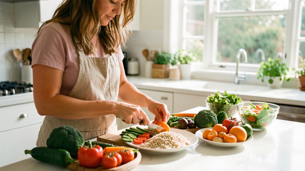 Une femme prépare un repas équilibré dans une cuisine lumineuse avec des légumes frais, des céréales complètes et une assiette colorée.