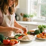 Une femme prépare un repas équilibré dans une cuisine lumineuse avec des légumes frais, des céréales complètes et une assiette colorée.