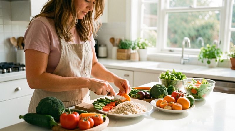 Une femme prépare un repas équilibré dans une cuisine lumineuse avec des légumes frais, des céréales complètes et une assiette colorée.
