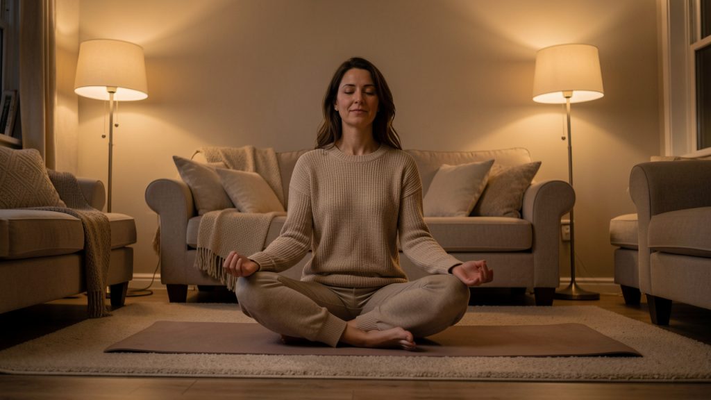 Une femme pratique une séance de yoga doux sur un tapis dans un salon calme, éclairé par une lumière chaude et tamisée en soirée.