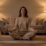 Une femme pratique une séance de yoga doux sur un tapis dans un salon calme, éclairé par une lumière chaude et tamisée en soirée.