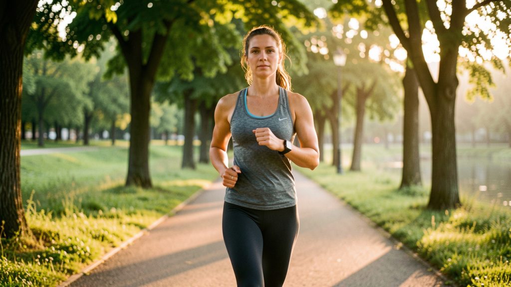 Une femme marche rapidement dans un parc au lever du soleil, vêtue d’une tenue de sport et portant une montre discrète, dans une ambiance calme et réaliste.