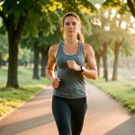 Une femme marche rapidement dans un parc au lever du soleil, vêtue d’une tenue de sport et portant une montre discrète, dans une ambiance calme et réaliste.