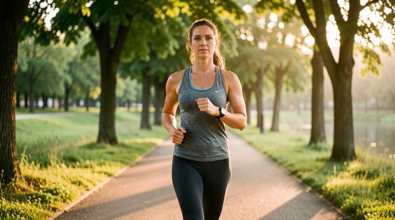 Une femme marche rapidement dans un parc au lever du soleil, vêtue d’une tenue de sport et portant une montre discrète, dans une ambiance calme et réaliste.