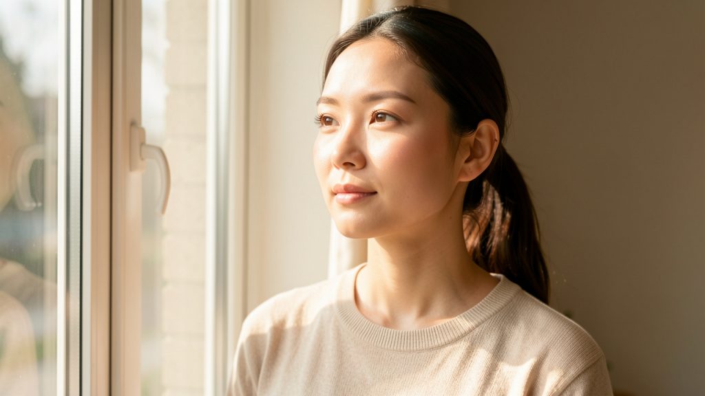 Portrait naturel d’une femme adulte à la peau lumineuse près d’une fenêtre, baignée d’une lumière douce et chaleureuse.