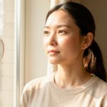 Les 7 facteurs qui influencent l’apparence de la peau Portrait naturel d’une femme adulte à la peau lumineuse près d’une fenêtre, baignée d’une lumière douce et chaleureuse.