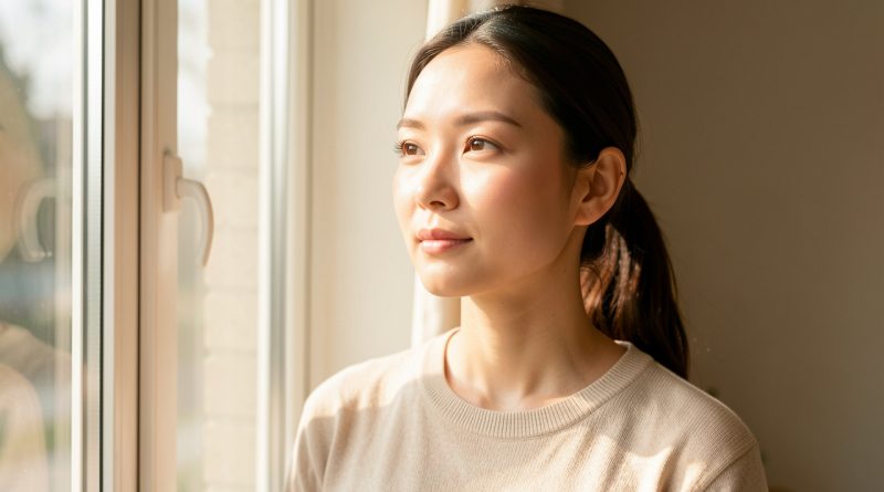 Portrait naturel d’une femme adulte à la peau lumineuse près d’une fenêtre, baignée d’une lumière douce et chaleureuse.