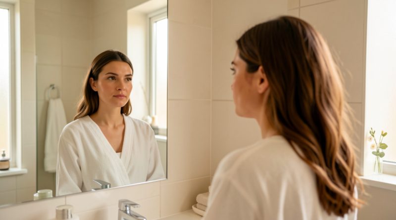 Portrait naturel d’une femme adulte devant un miroir, éclairée par une lumière douce dans une ambiance de santé préventive.