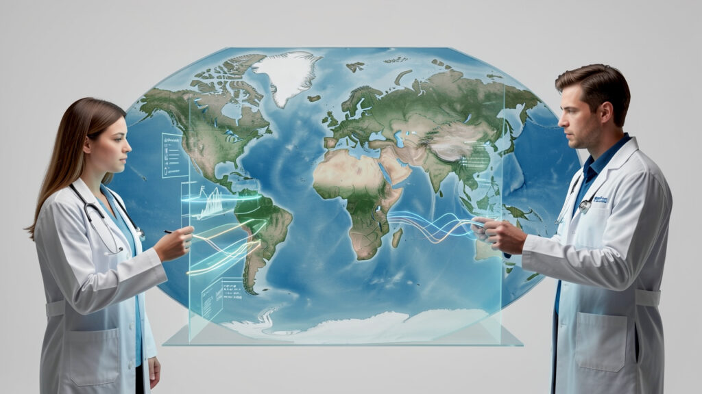 Illustration éditoriale réaliste montrant une carte du monde entourée d’une femme médecin et d’un homme chercheur étudiant des données climatiques abstraites dans une ambiance scientifique et sobre.