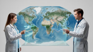 Illustration éditoriale réaliste montrant une carte du monde entourée d’une femme médecin et d’un homme chercheur étudiant des données climatiques abstraites dans une ambiance scientifique et sobre.