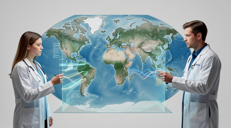Illustration éditoriale réaliste montrant une carte du monde entourée d’une femme médecin et d’un homme chercheur étudiant des données climatiques abstraites dans une ambiance scientifique et sobre.