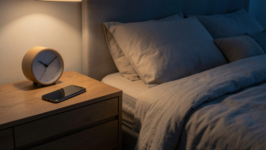 Chambre calme au crépuscule avec un téléphone posé loin du lit sur une commode, un réveil analogique et une lumière douce.