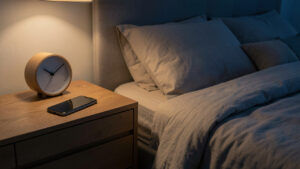 Chambre calme au crépuscule avec un téléphone posé loin du lit sur une commode, un réveil analogique et une lumière douce.