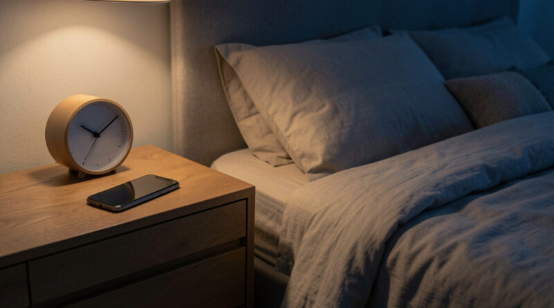Chambre calme au crépuscule avec un téléphone posé loin du lit sur une commode, un réveil analogique et une lumière douce.