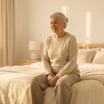 Une femme senior se réveille reposée dans une chambre lumineuse et sobre, baignée par la douce lumière du matin.