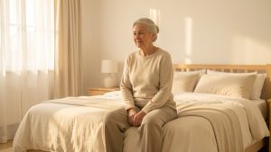 Une femme senior se réveille reposée dans une chambre lumineuse et sobre, baignée par la douce lumière du matin.