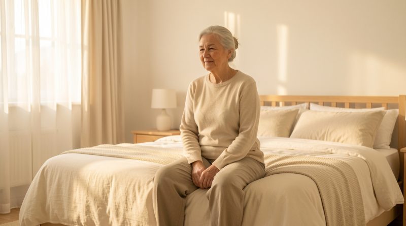 Une femme senior se réveille reposée dans une chambre lumineuse et sobre, baignée par la douce lumière du matin.