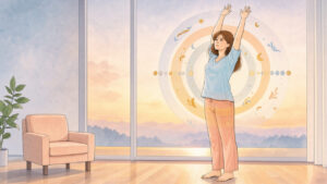 Illustration médicale douce d’une femme près d’une fenêtre au lever du soleil, entourée d’un motif lumineux évoquant l’horloge biologique dans une ambiance apaisante.