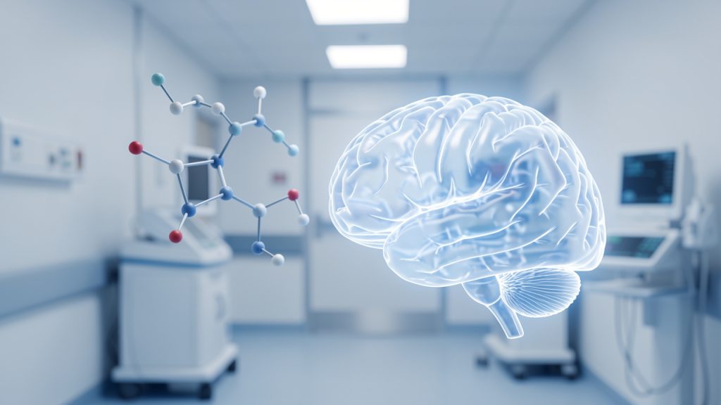 Illustration médicale sobre représentant une molécule de pentobarbital à côté d’un cerveau stylisé translucide dans un environnement hospitalier aux tons bleus et blancs, sans patient identifiable.