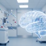 Illustration médicale sobre représentant une molécule de pentobarbital à côté d’un cerveau stylisé translucide dans un environnement hospitalier aux tons bleus et blancs, sans patient identifiable.