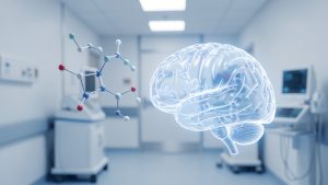 Illustration médicale sobre représentant une molécule de pentobarbital à côté d’un cerveau stylisé translucide dans un environnement hospitalier aux tons bleus et blancs, sans patient identifiable.